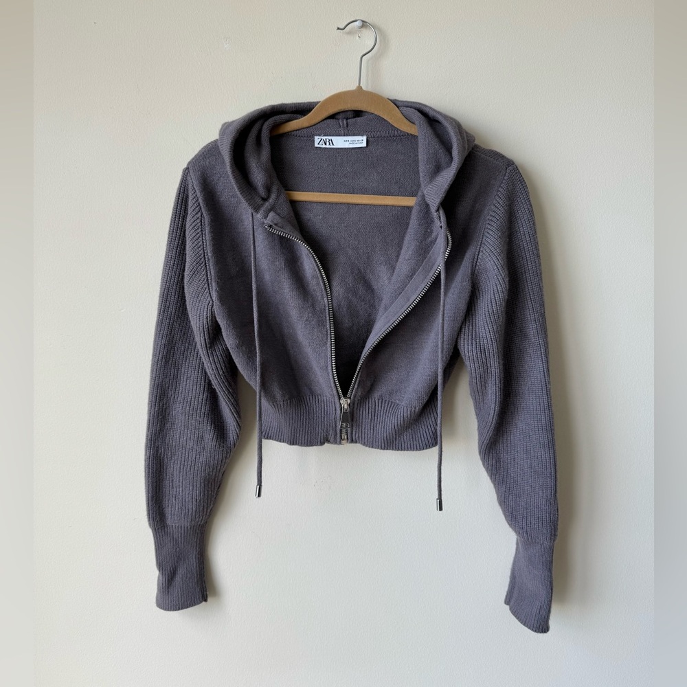 Zara Gray Lavender Hooded Zip-Up Sweater